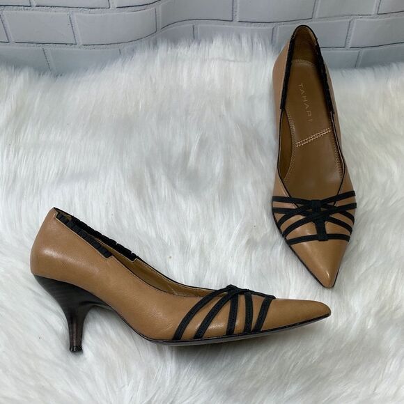 Tahari Tan Kitten Heels Black Trim Size 6.5 - Picture 1 of 6
